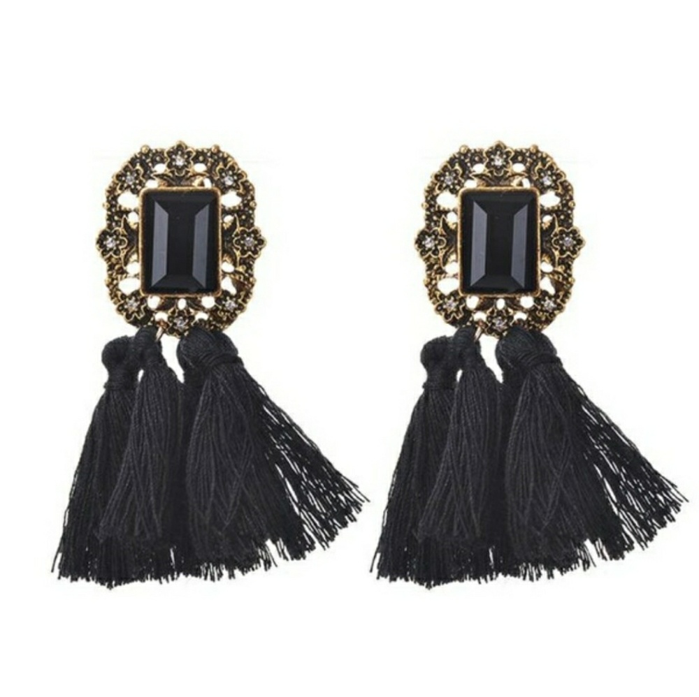 Black fringe tassel rhinestone earrings